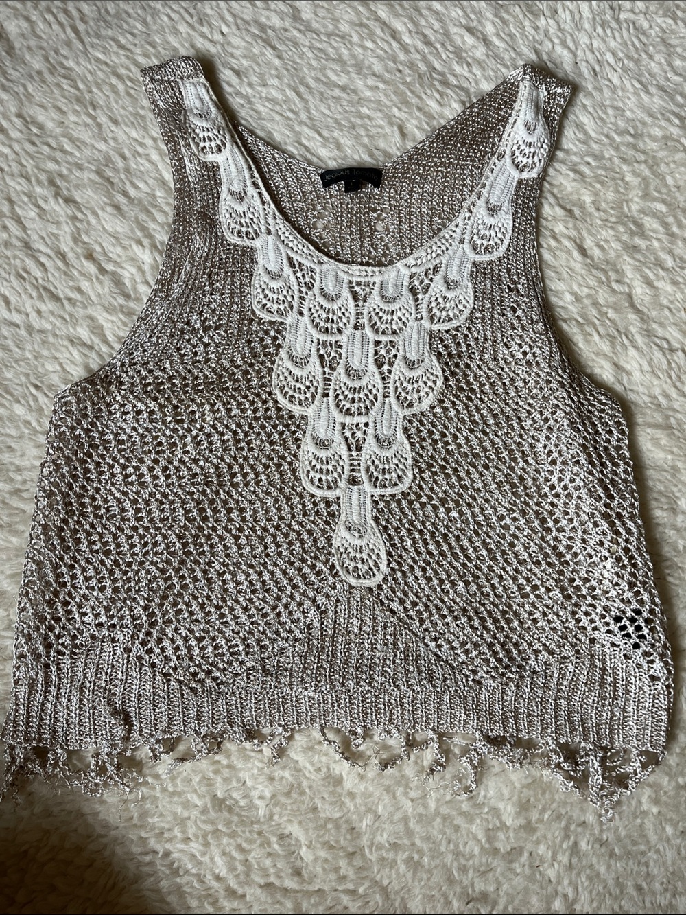 Jealous Tomato Crochet Knit Tank Top with White Lace Appliqué - Taupe Size L